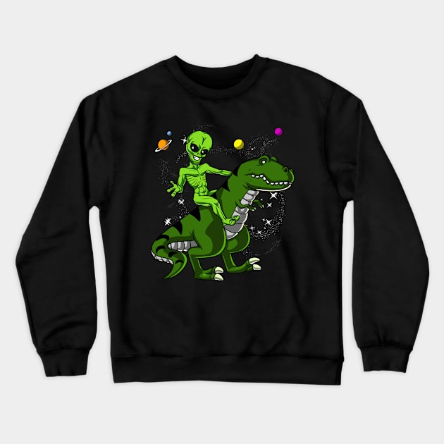 Space Alien Riding T-Rex Dinosaur Crewneck Sweatshirt by underheaven